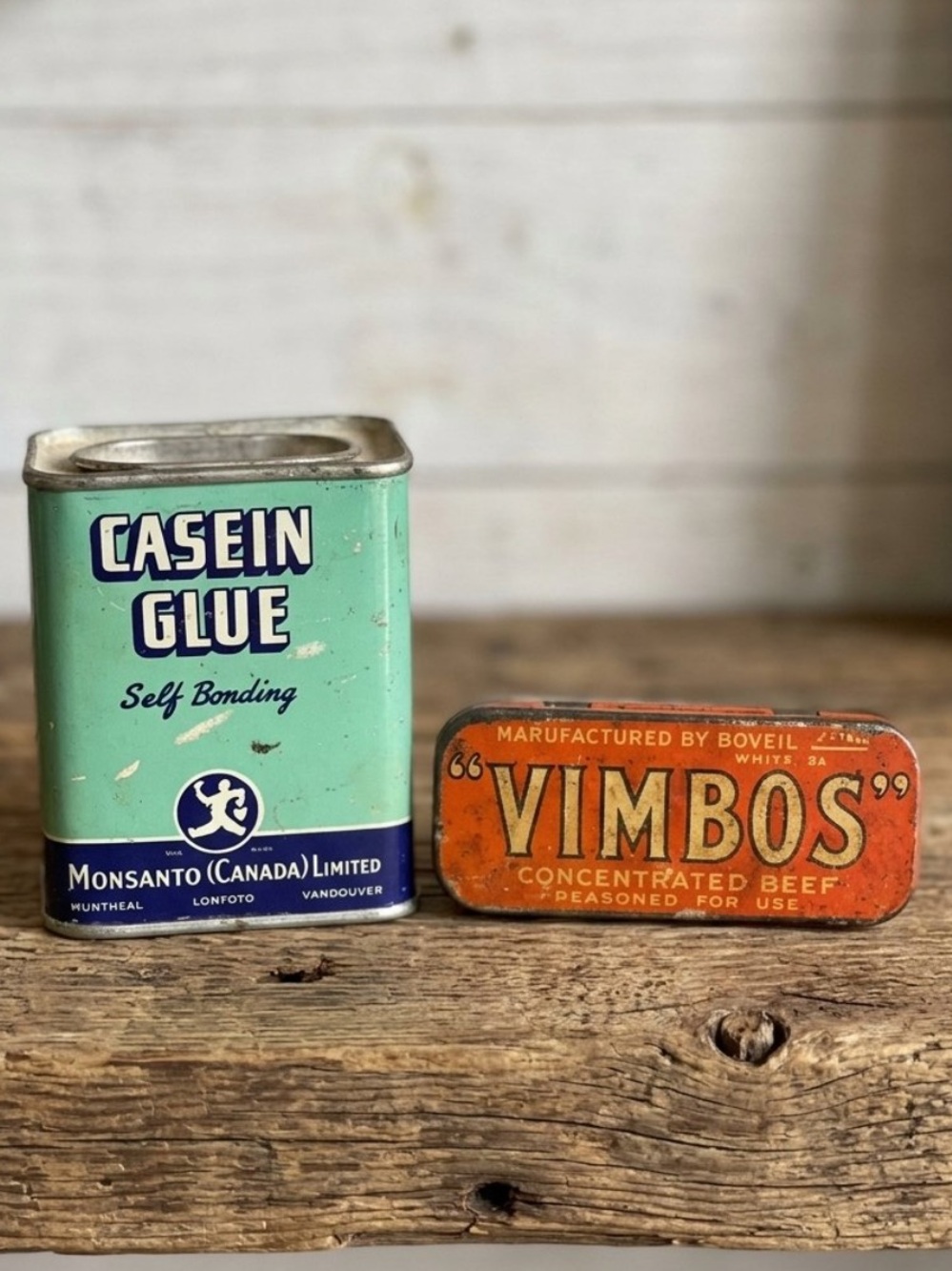 Vintage tins. Perfect for decor. Vimbos and Casein glue.